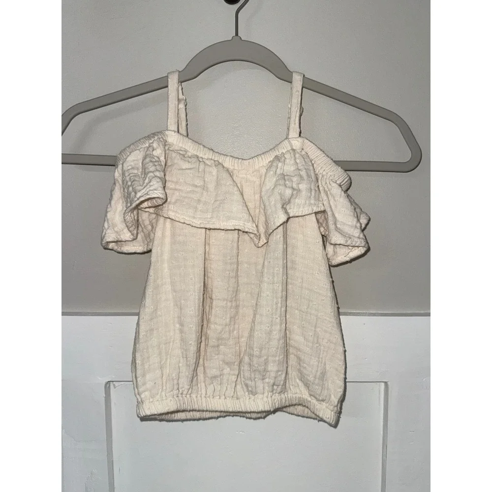 Old Navy Girls Cream Swiss Dot Ruffle Off Shoulder Top Ivory Gauze Size S 6-7